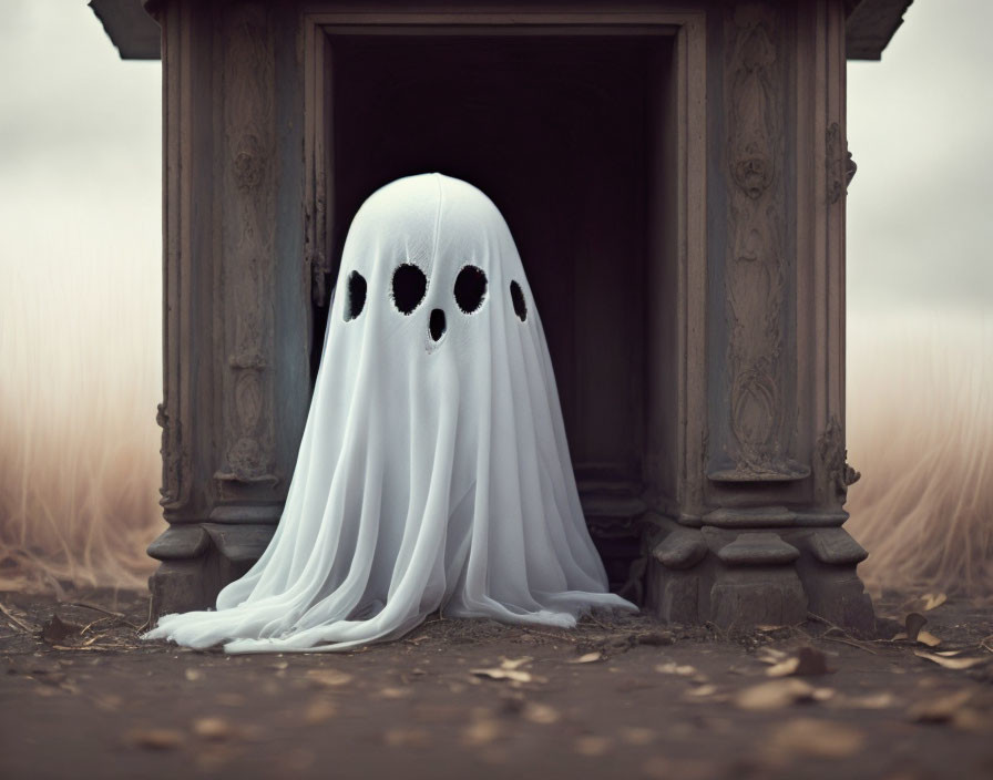 Eerie ghostly figure with three eye holes under wooden structure