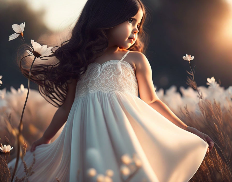 Young girl in white dress standing in flower field at dusk