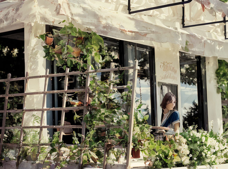 Quaint Cafe Exterior with Overgrown Greenery and Woman Peering from Window