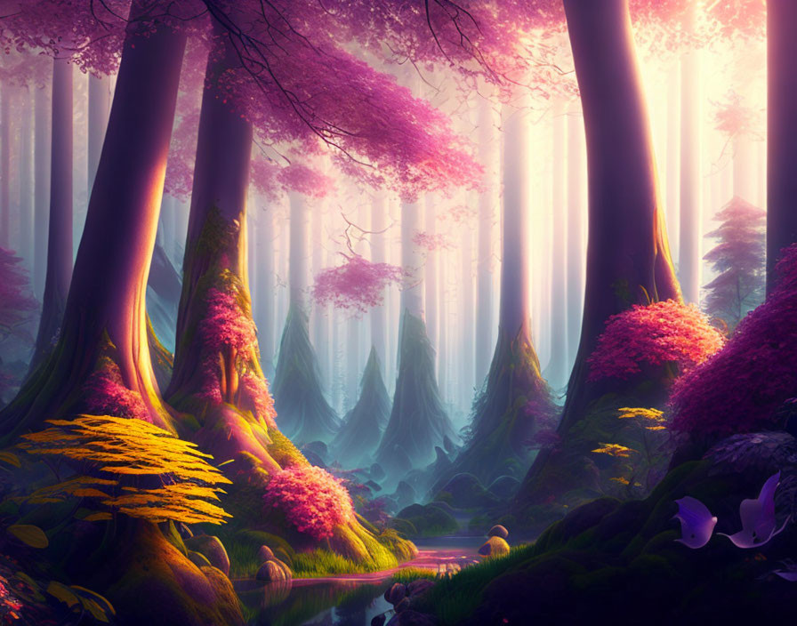 Enchanted forest with pink and purple foliage, sunbeams, and serene stream