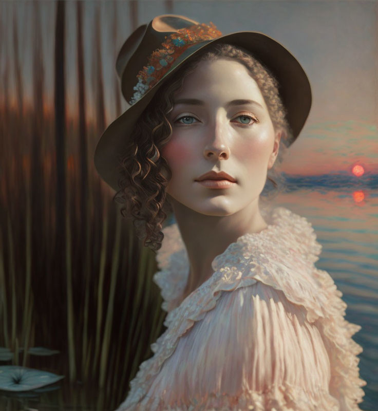 Curly-Haired Woman in Wide-Brimmed Hat by Sunset-Lit Water