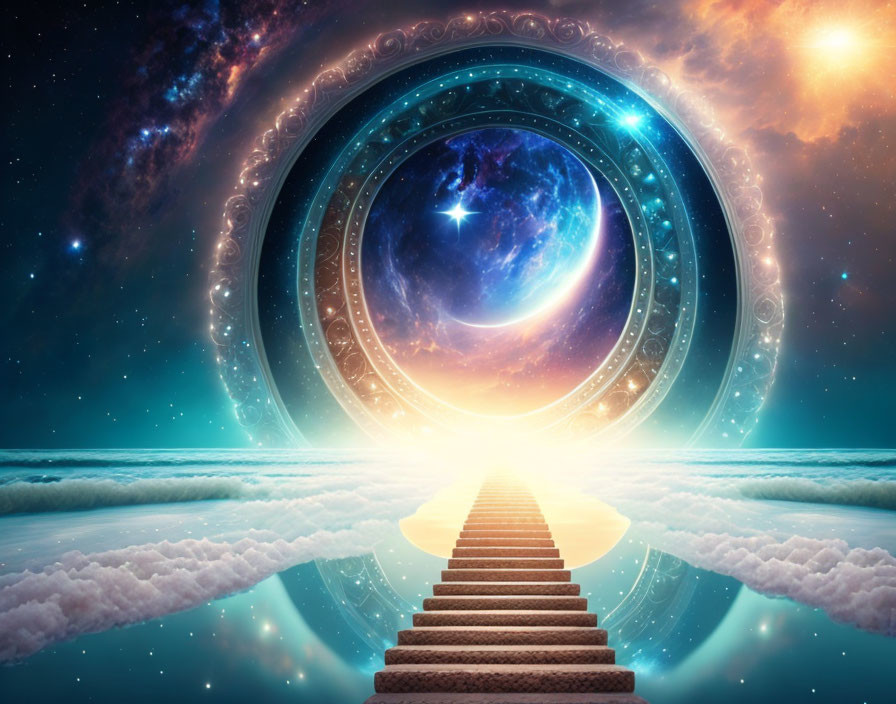 Circular portal in mystical stairway under cosmic galaxy