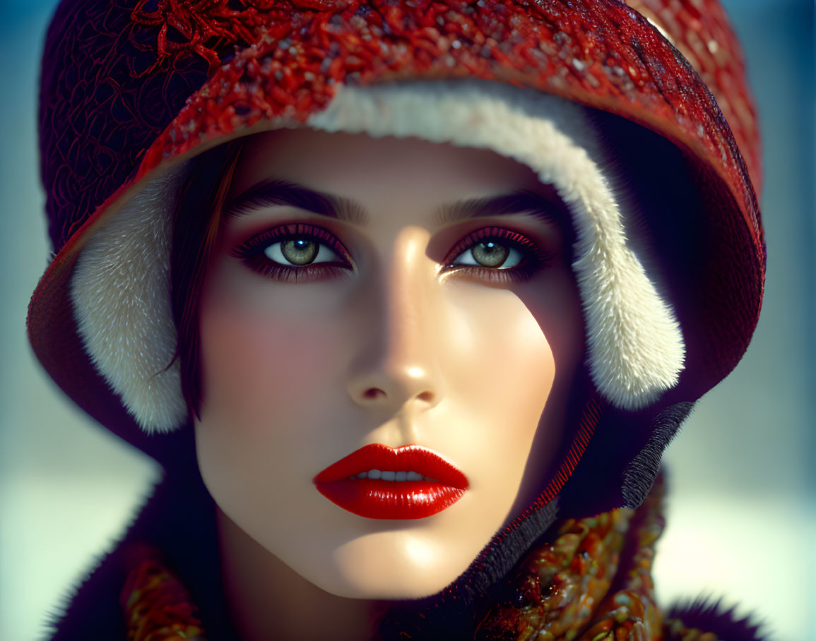 Close-up of a woman with green eyes, red lipstick, and fur-lined winter hat