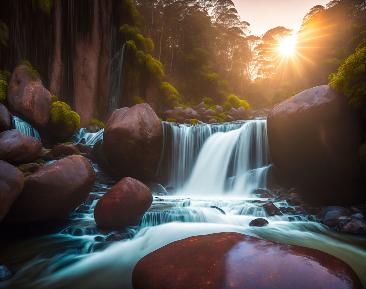 Tranquil sunset over forest waterfall with mossy rocks