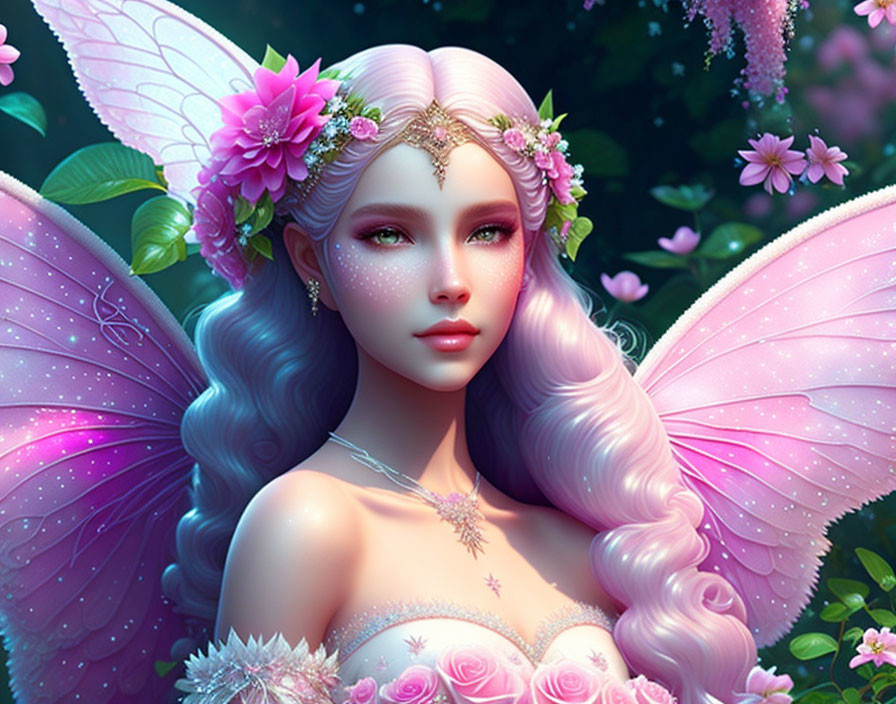 Fantasy fairy digital art: pink wings, floral headpiece, rose dress, green backdrop