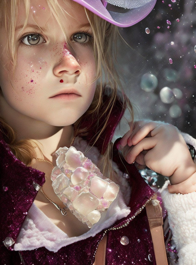 Blue-eyed girl in purple outfit holding crystalline object