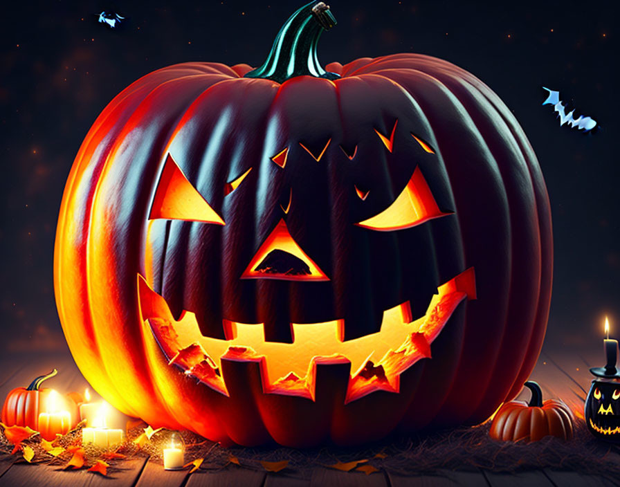 Glowing Jack-o'-lantern on Halloween night with bats, pumpkins, candles, and