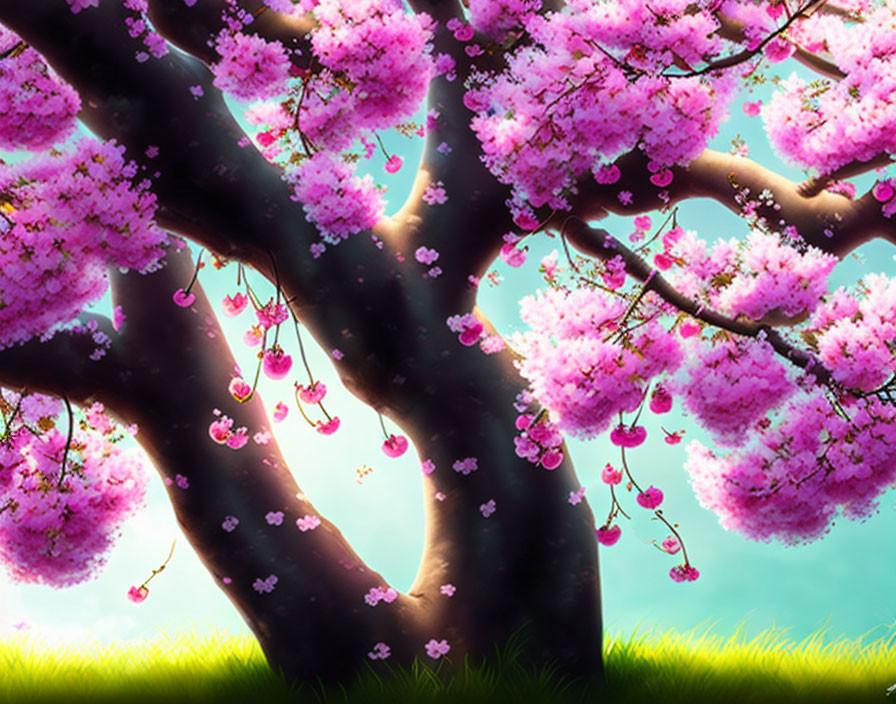 Blooming cherry blossom tree with twisting trunk and sunlight filtering through leaves