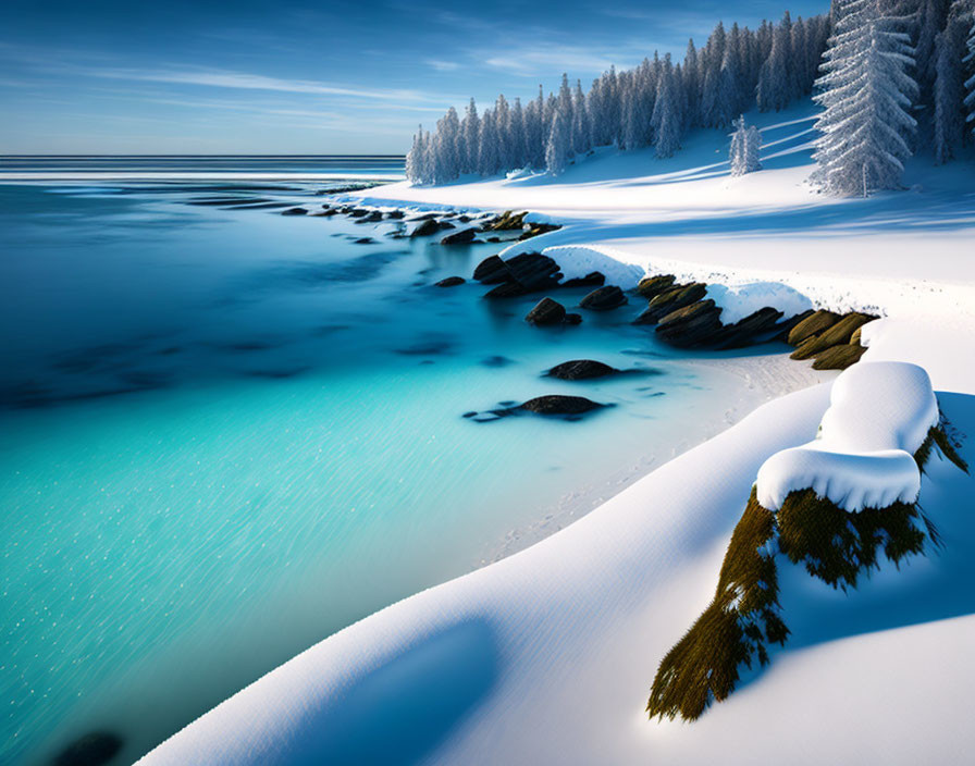 Winter landscape: frozen river, snow-covered rocks, evergreen trees