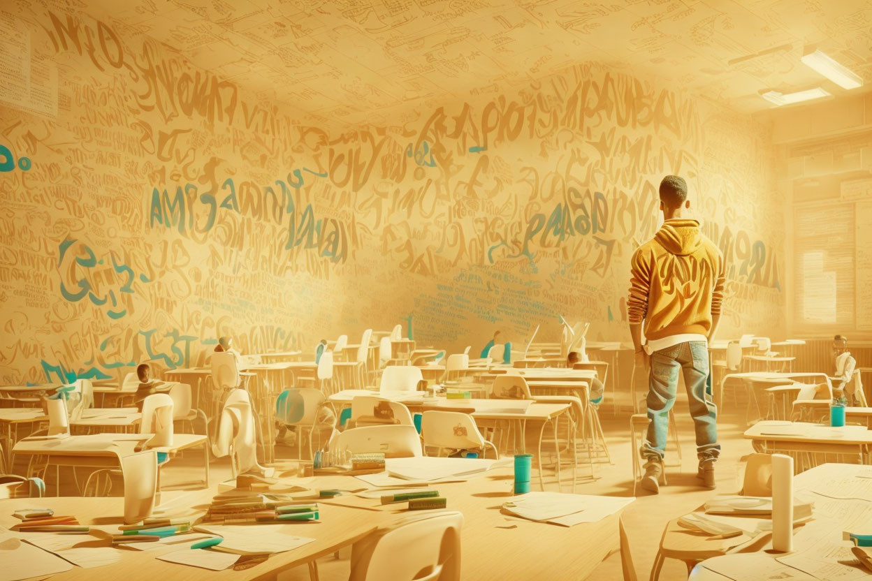 Sunlit classroom with chaotic graffiti-covered walls