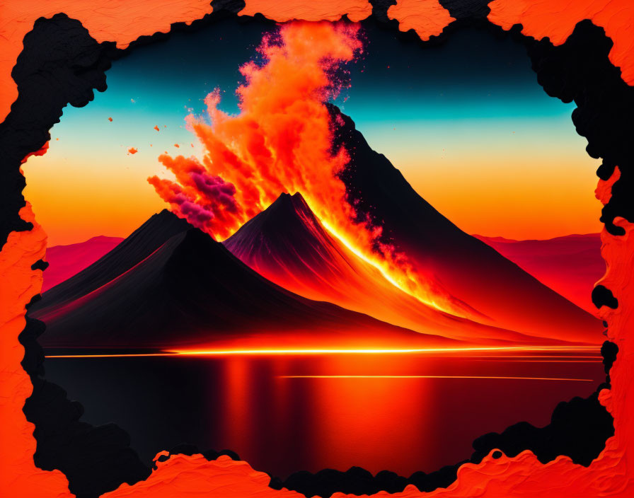 Volcano eruption with lava flowing into water at sunset