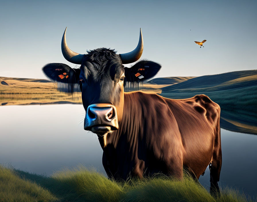 Brown cow with ear tags near water and rolling hills, birds flying.