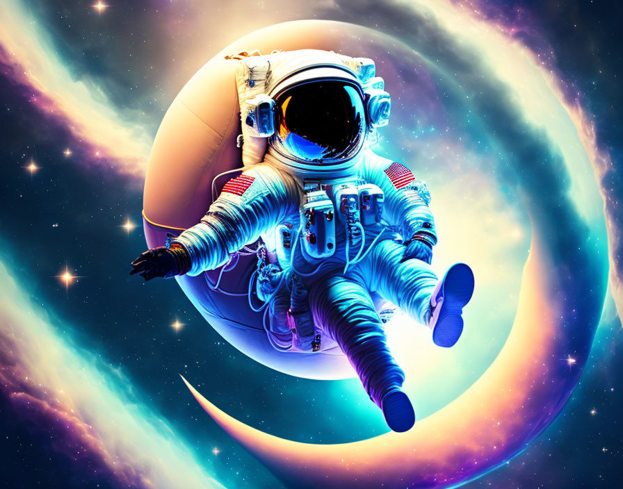 Astronaut floating in space with colorful nebulae in dreamlike cosmos