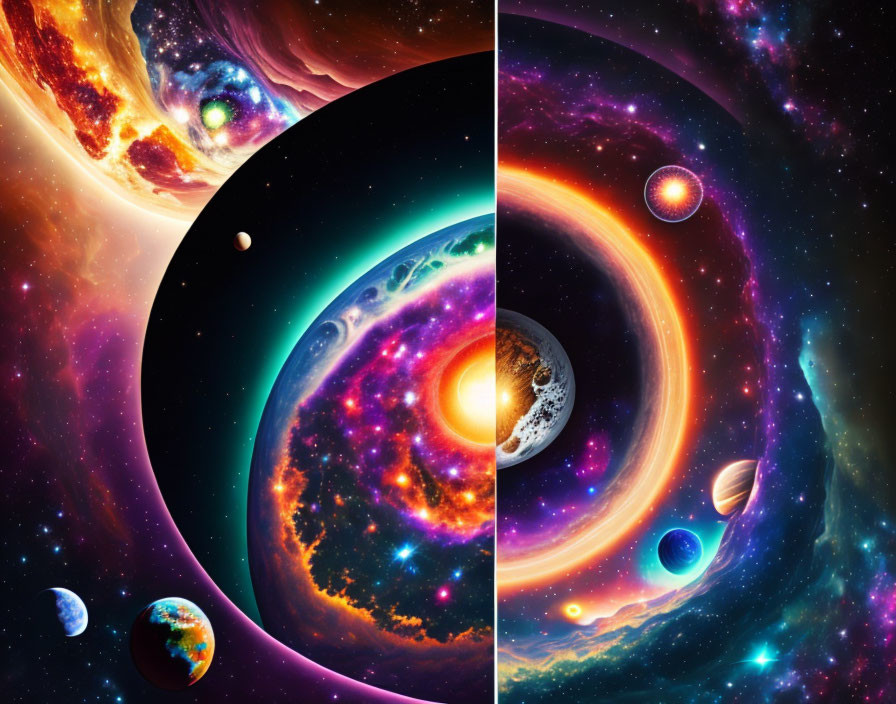 Colorful digital art: Space scene with galaxies, celestial bodies, and nebulae