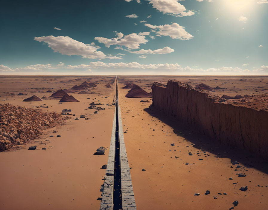 Desolate desert road with rocky terrain and distant pyramids.