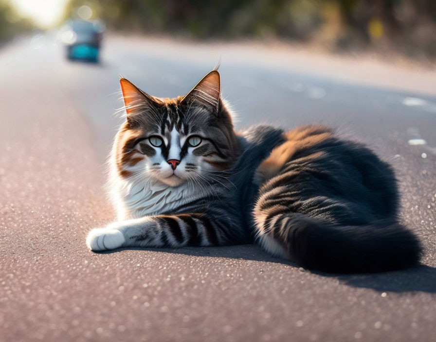 Fluffy tabby cat with distinct markings basking in sunlight on road