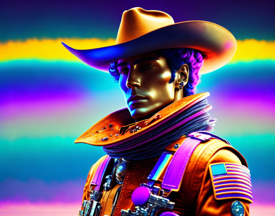 Colorful futuristic cowboy digital artwork with orange hat and high-collared jacket on neon gradient background