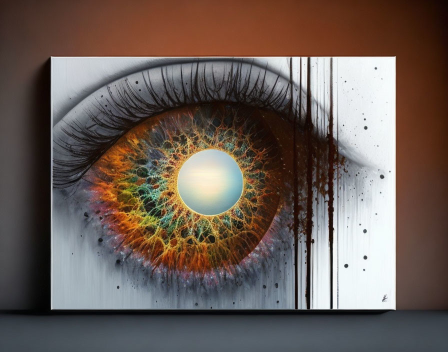 Detailed painting of multi-colored iris on canvas with artistic splatters