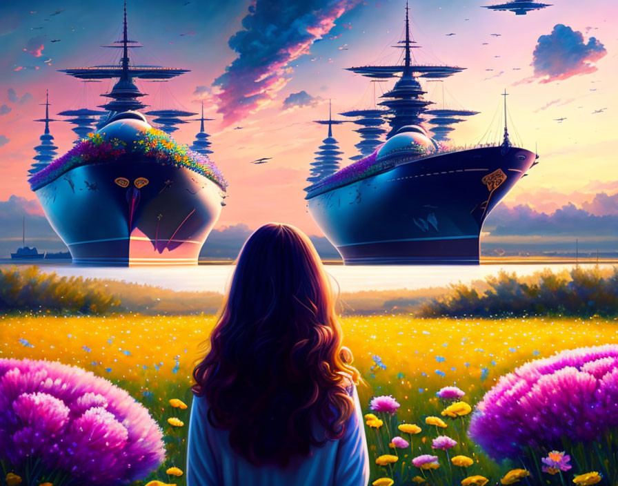 Woman admires vibrant landscape with airships in colorful sky