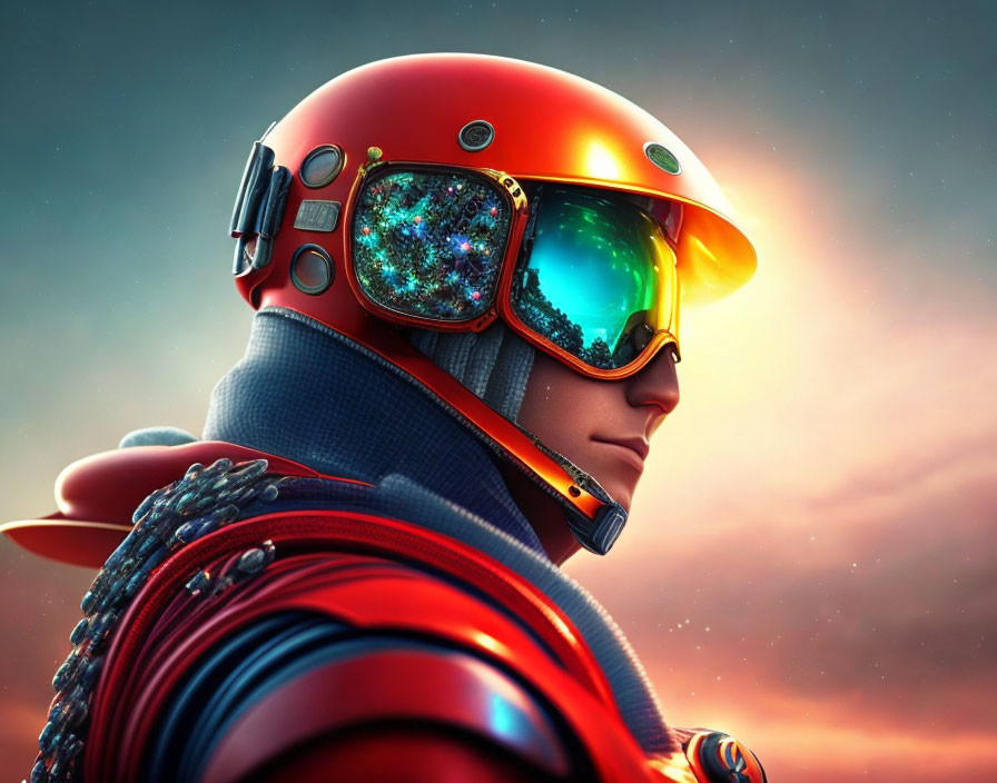 Stylized astronaut helmet with galaxy-patterned visor in cosmic digital art