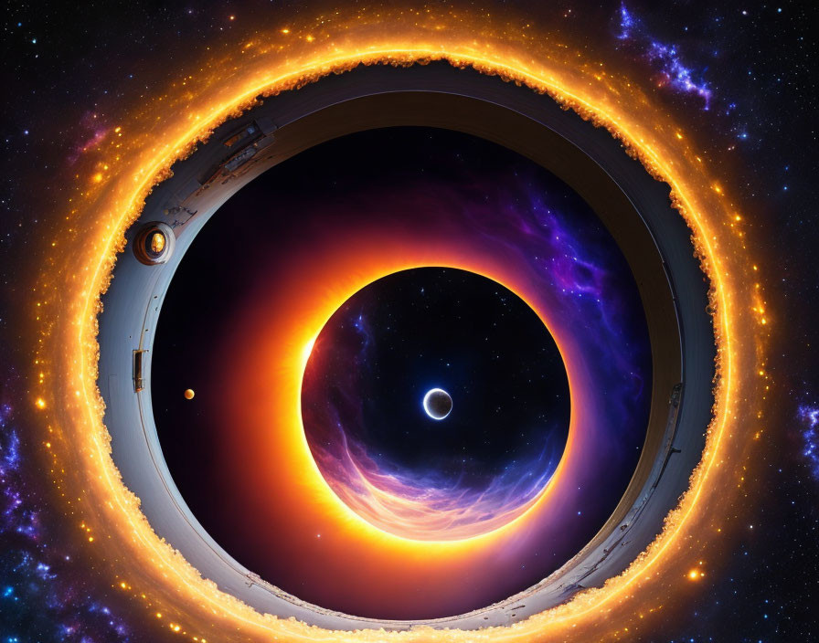 Digital artwork: Space scene with black hole, cosmic materials, spacecraft, and stars.