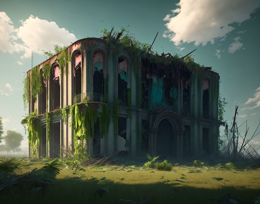 Abandoned building overtaken by greenery under hazy sky