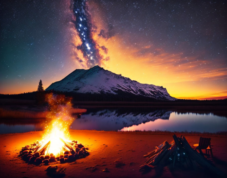 Twilight campfire by lakeshore with snowy mountain and Milky Way