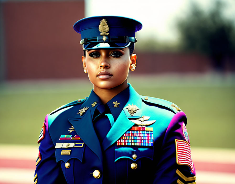 Decorated military personnel in uniform with medals, beret, and insignia.