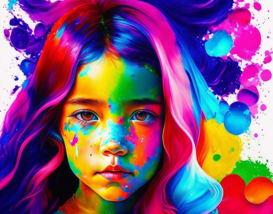 Colorful artwork of young girl with vibrant hair and paint splashes