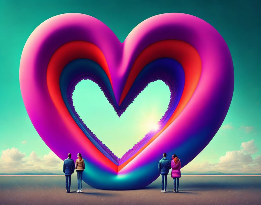 Couples standing by heart sculpture under surreal sky