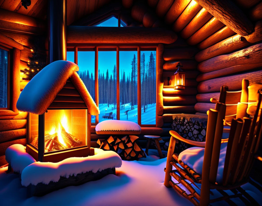 Snowy forest view from cozy log cabin with fireplace