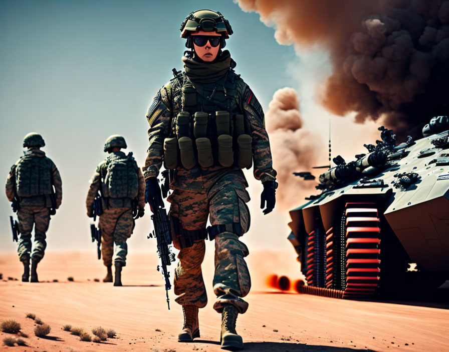 Military soldiers in camouflage gear marching in desert with tank and billowing smoke