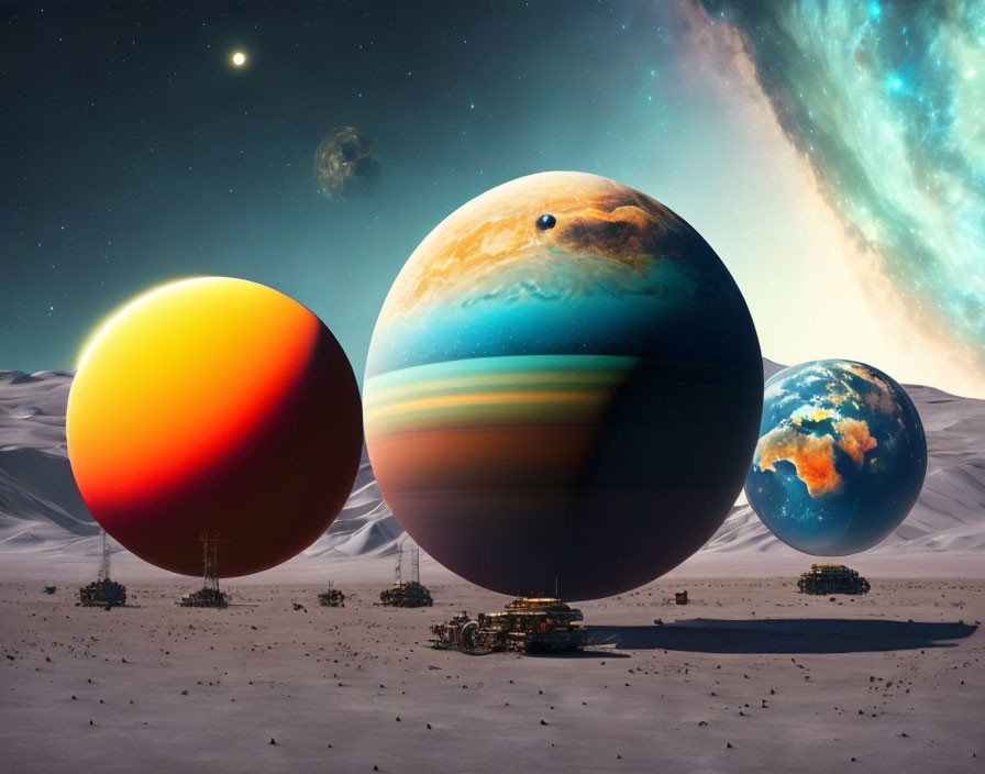 Giant planets over barren surface with futuristic structures