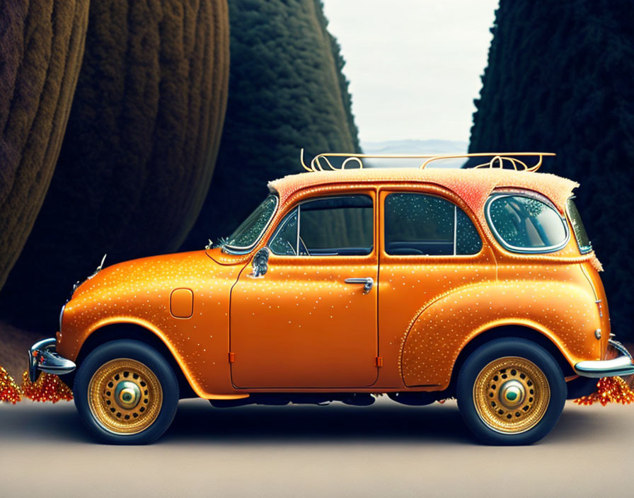 Whimsical orange car with sea urchin design parked between rock walls