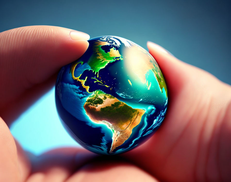 Realistic hand holding small glossy Earth model