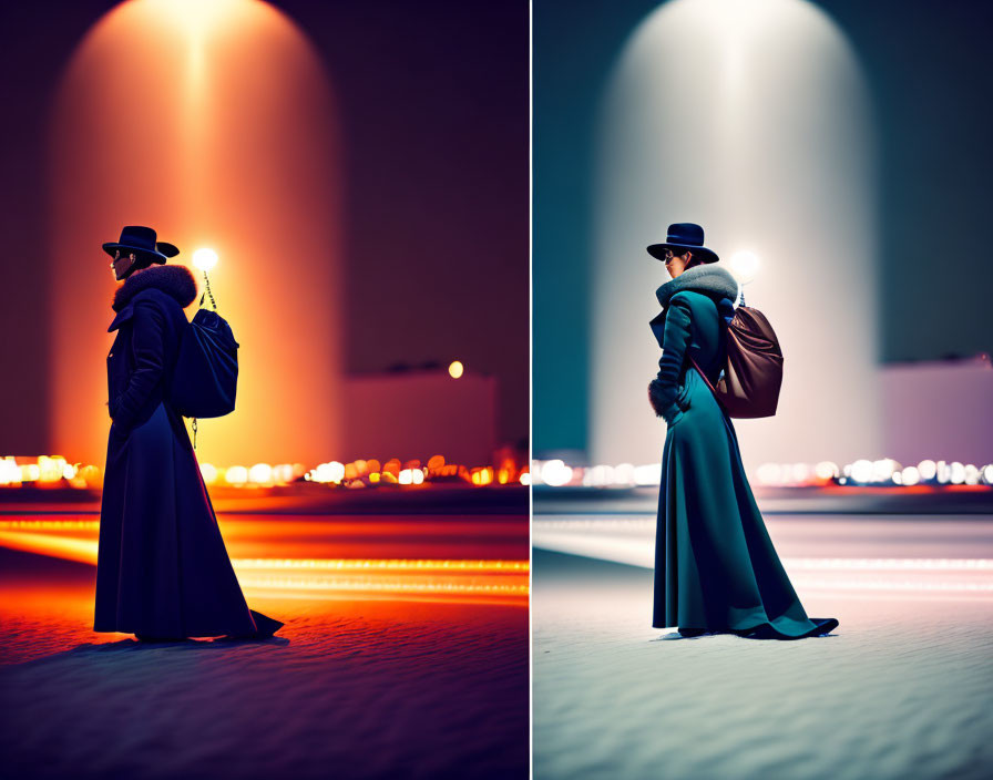 Person in Long Coat and Hat Under Streetlight at Night in Diptych Format