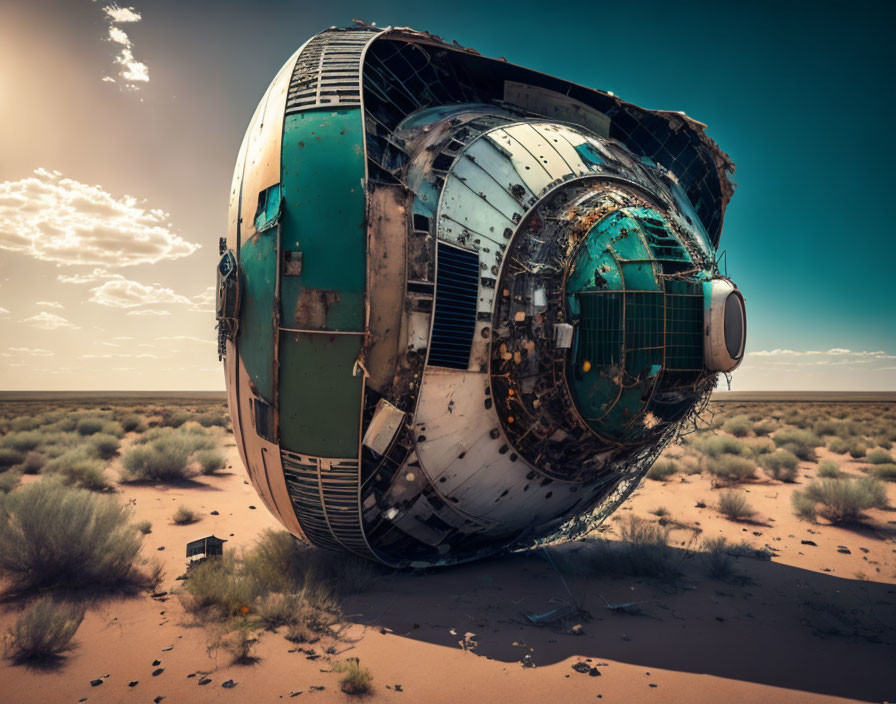 Abandoned spaceship half-buried in desert sands