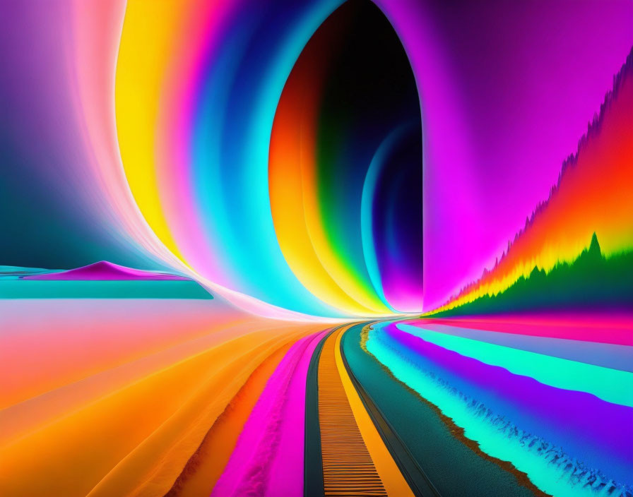 Colorful digital artwork: Rainbow tunnel with reflective floor & abstract edges