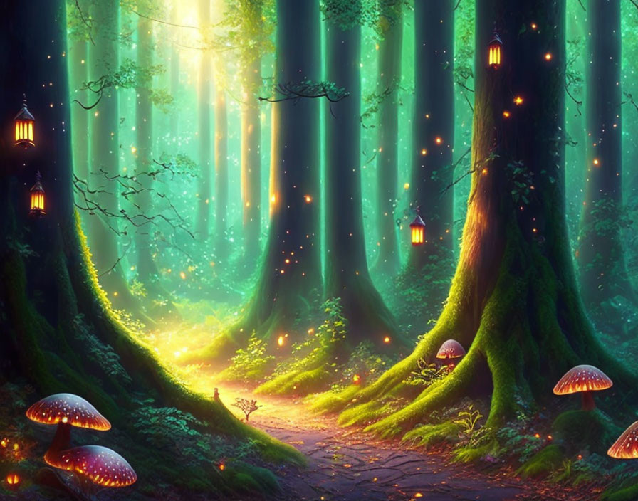 Mystical forest scene with glowing mushrooms and lantern-lit trees