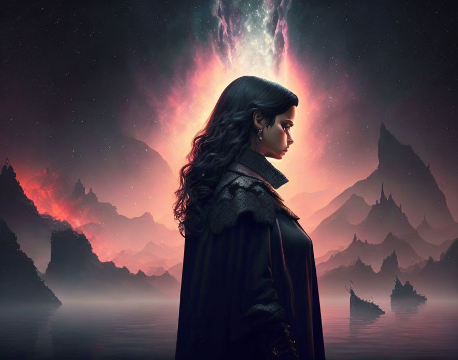 Mysterious woman in dark cloak before cosmic event and red skies