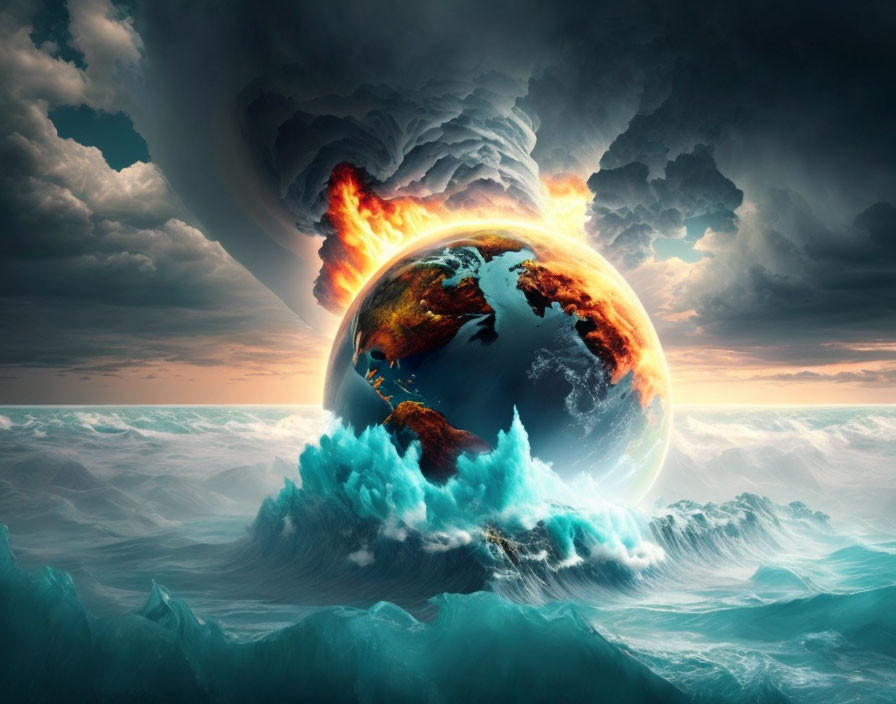 Illustration of Earth engulfed in flames and submerged in stormy ocean waves