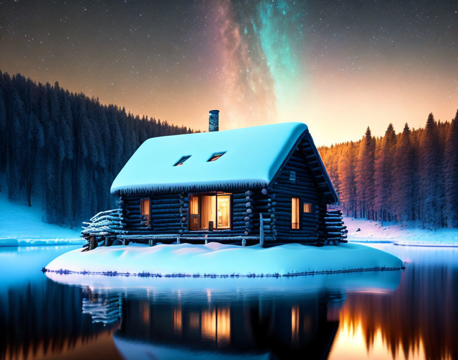 Rustic log cabin by tranquil lake in wintry forest with starry sky and vibrant aurora