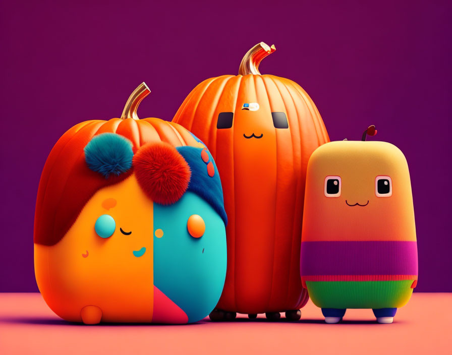 Colorful Stylized Cartoon Pumpkins on Purple Background