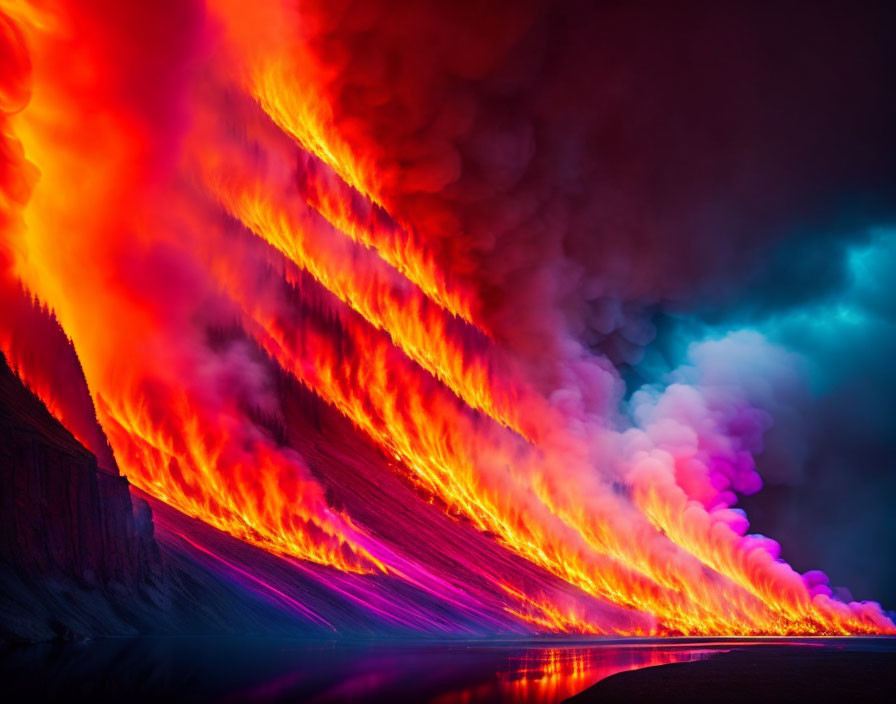 Volcanic eruption with flowing lava and smoke against dramatic sky