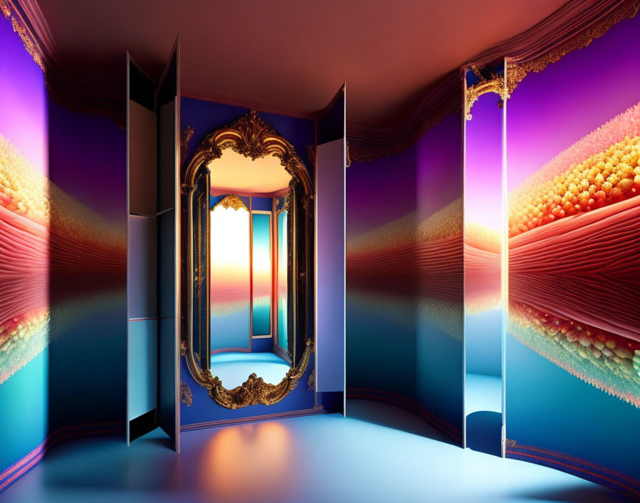 Baroque mirror in surreal room with golden textures, purple and blue hues, open door to sunset scene