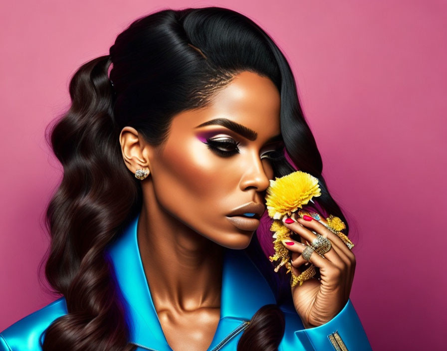 Styled woman with yellow flower, bold makeup, blue outfit, rings on pink background