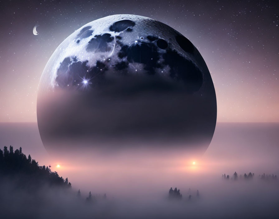 Surreal landscape with large moon over misty forest under starlit sky