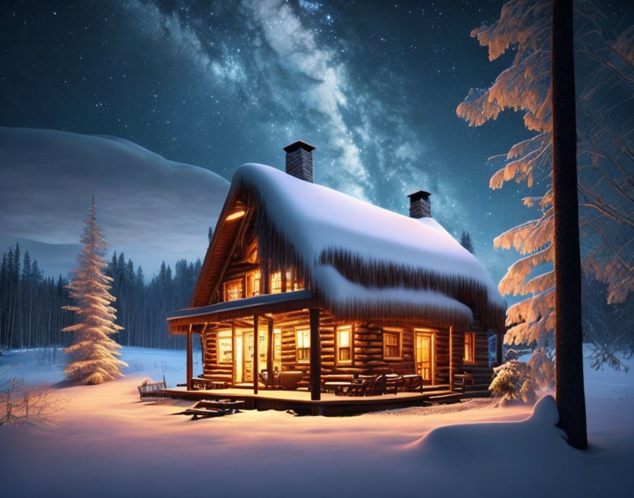 Snow-covered log cabin in serene winter forest