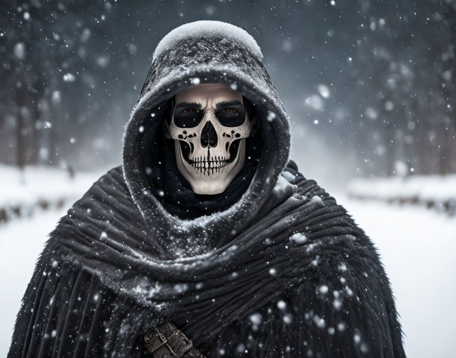 Hooded figure with skull mask in snowfall