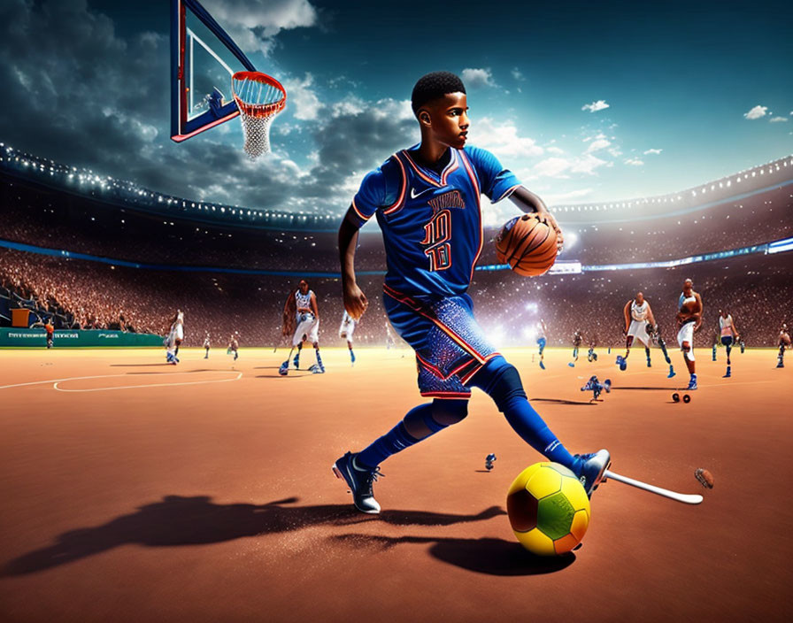 Man dribbles soccer ball on court with basketball, soccer, and hockey elements.